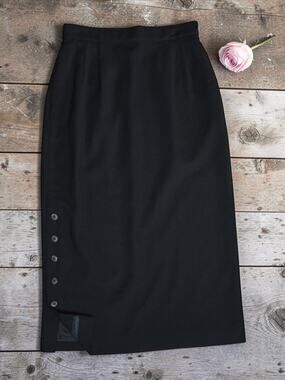 Vintage 80's Intuitions Black Button Side Long Midi 100% Pure Wool Skirt S 2 4